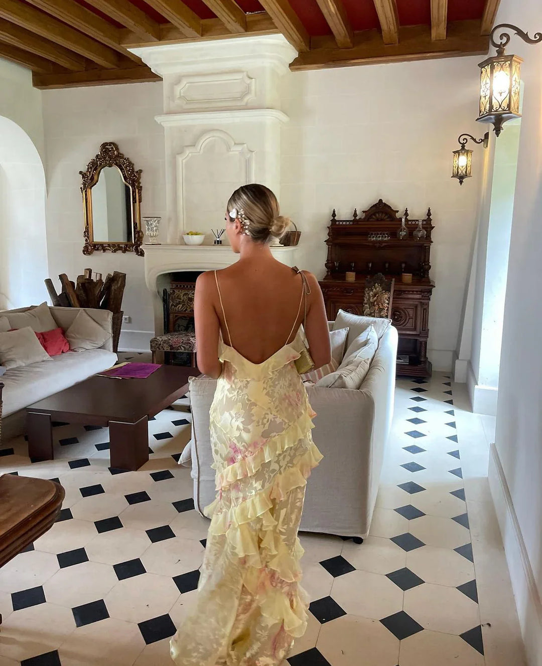 Robe maxi chic pour femmes avec fines bretelles et volants