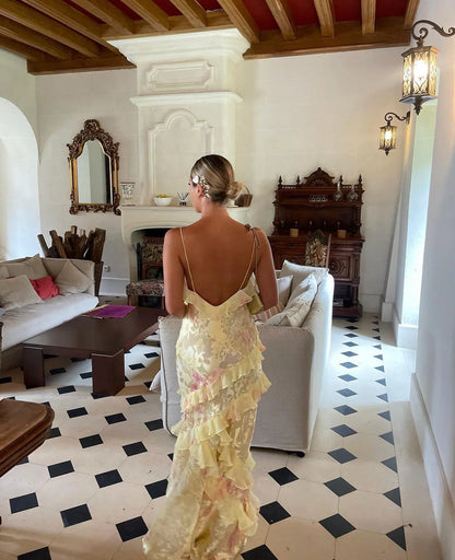 Robe maxi chic pour femmes avec fines bretelles et volants