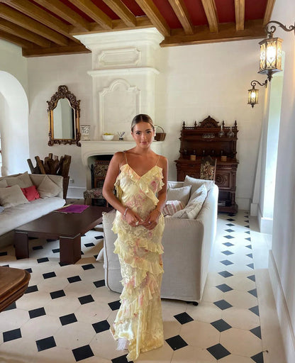 Robe maxi chic pour femmes avec fines bretelles et volants