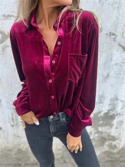 Bailee | Satijnen Velours Blouse met Knoopsluiting - Elegant