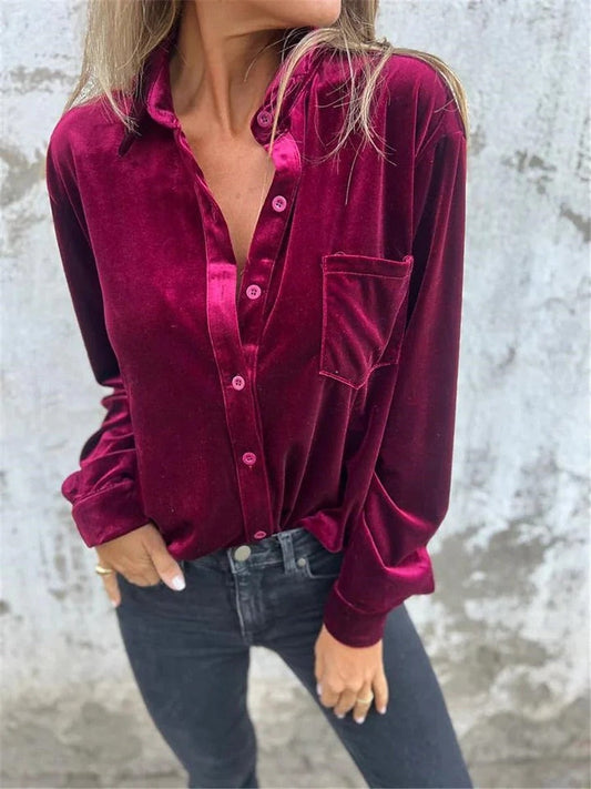 Bailee | Satijnen Velours Blouse met Knoopsluiting - Elegant
