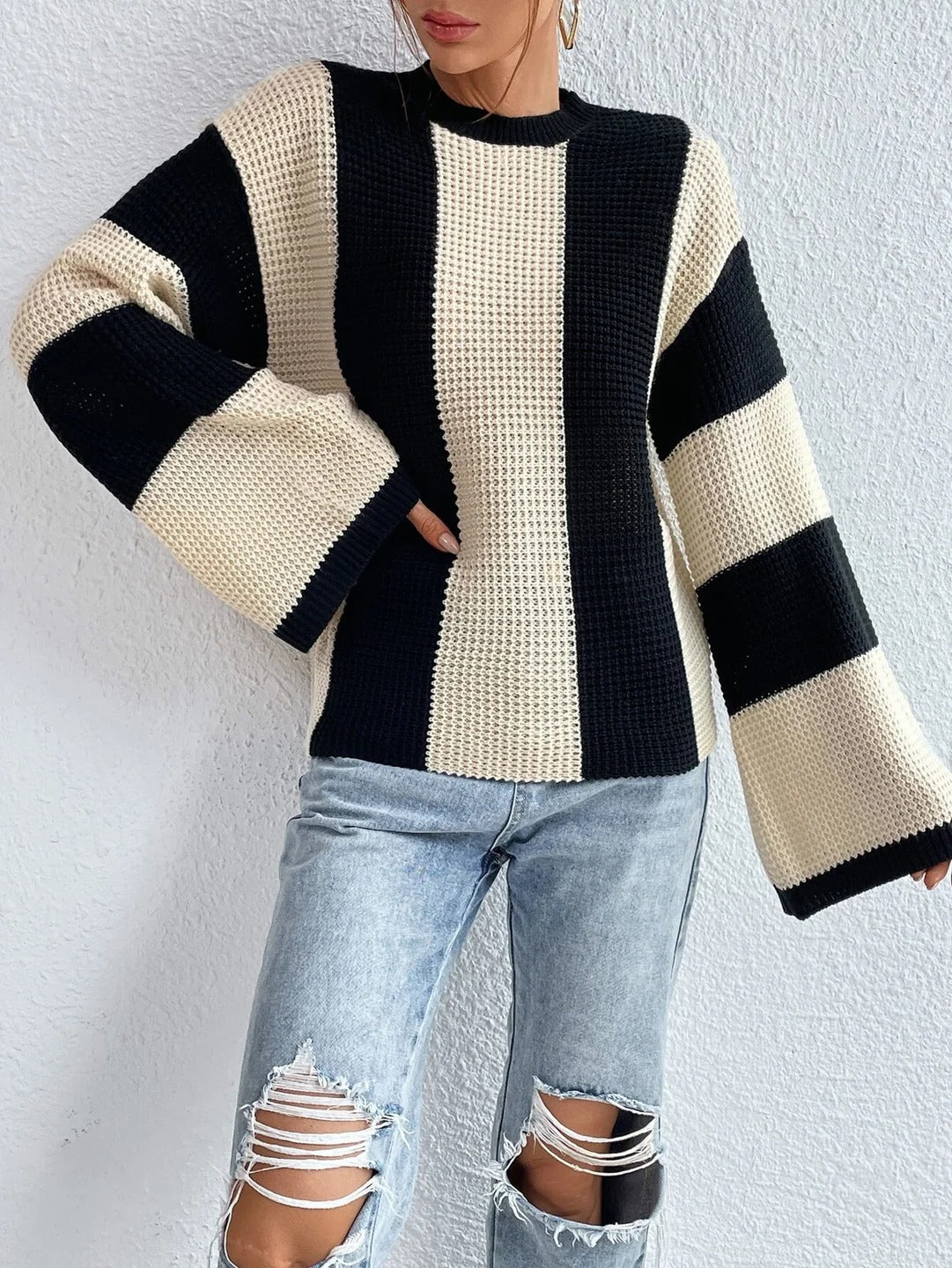 Trendy Gestreepte Dames Trui Met Wijde Mouwen