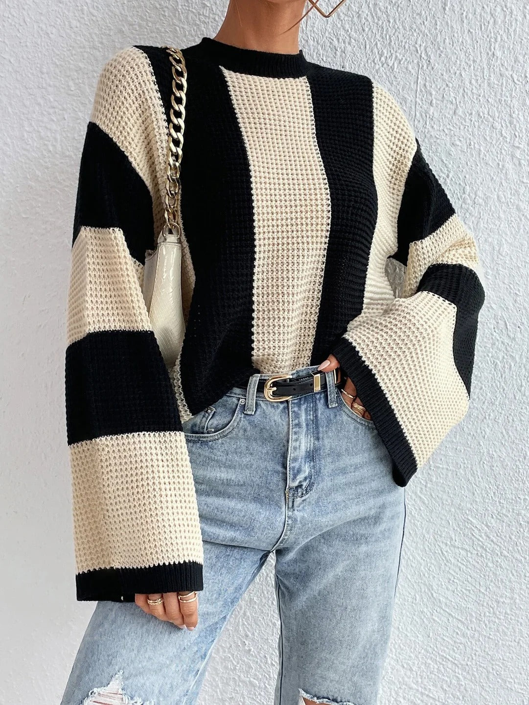 Trendy Gestreepte Dames Trui Met Wijde Mouwen
