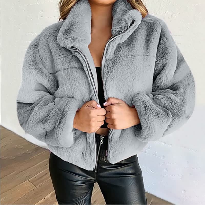 Trendy Warme Dames Teddy Jas met Rits en Hoge Kraag