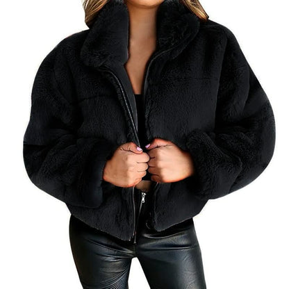 Trendy Warme Dames Teddy Jas met Rits en Hoge Kraag