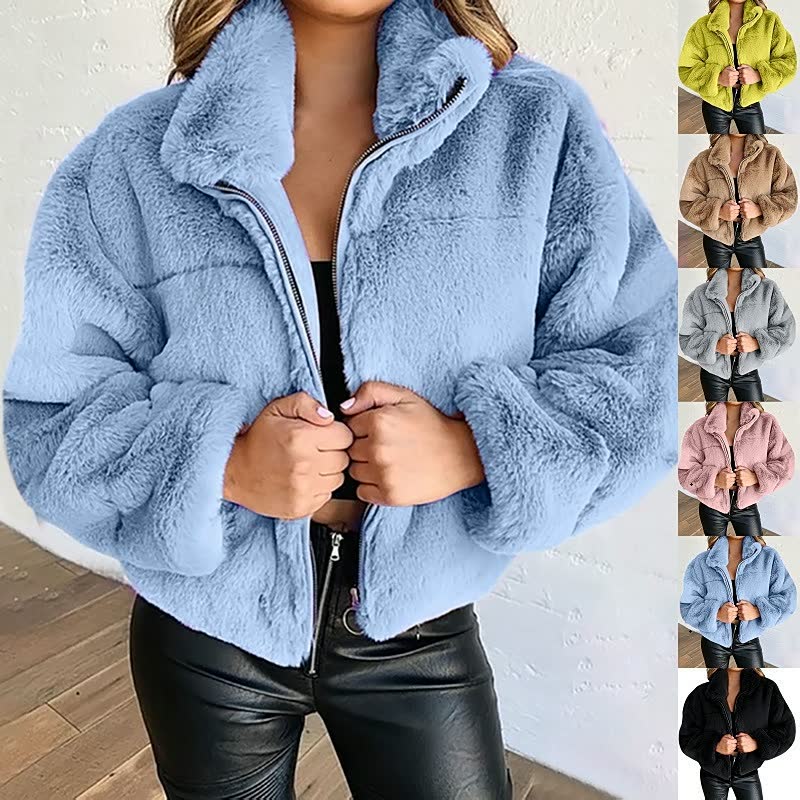 Trendy Warme Dames Teddy Jas met Rits en Hoge Kraag