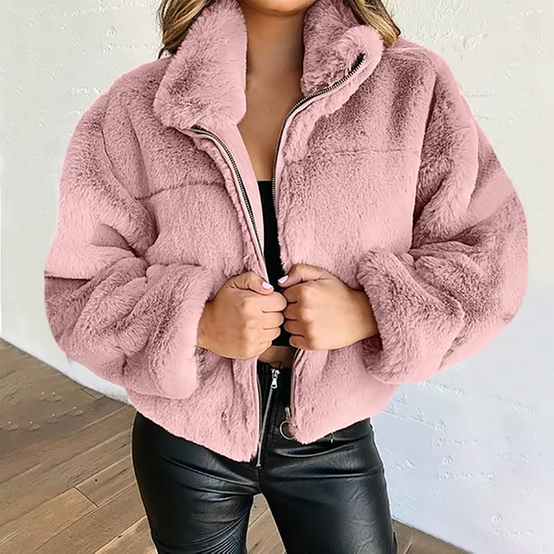 Trendy Warme Dames Teddy Jas met Rits en Hoge Kraag