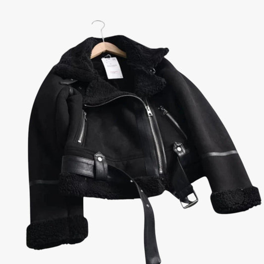 Trendy Warme Dames Teddy Biker Jas met Rits en Kraag