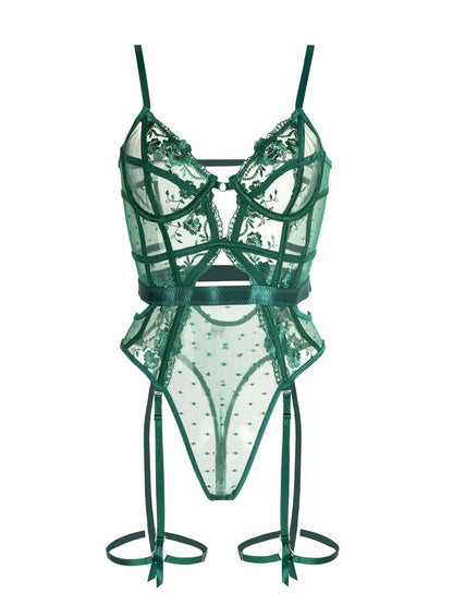Groene kanten lingerieset met borduursels en jarretelles