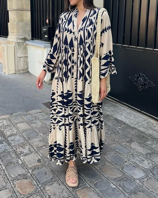 Jorina | Geometrische Maxi Jurk met Lange Mouwen