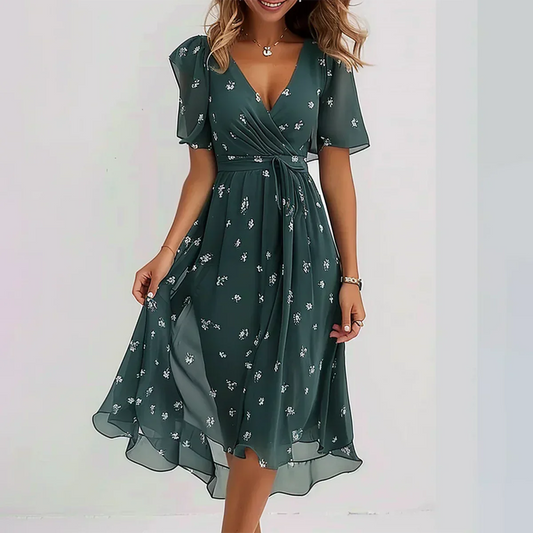 Carine | Elegante Midi Jurk met V-Hals en Bloemenprint