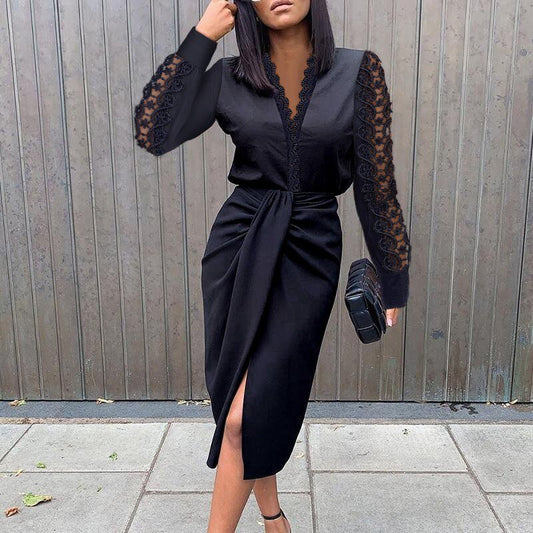 Jesy | Midi Jurk met Kant en Elegante Plissé
