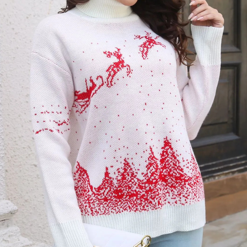 Warm White Turtleneck Sweater with Christmas Reindeer Print for Women