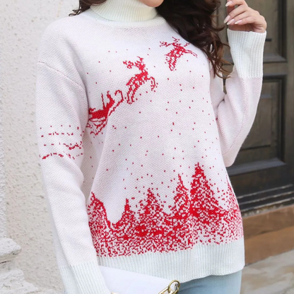 Warm White Turtleneck Sweater with Christmas Reindeer Print for Women
