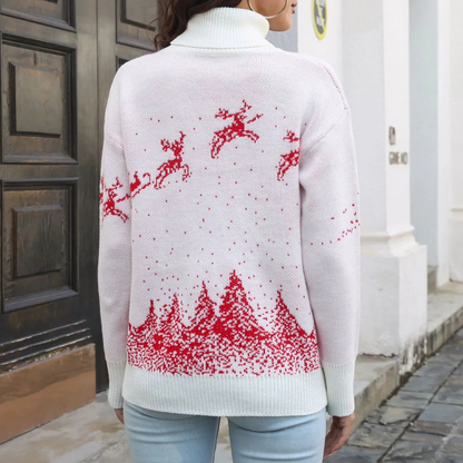 Warm White Turtleneck Sweater with Christmas Reindeer Print for Women