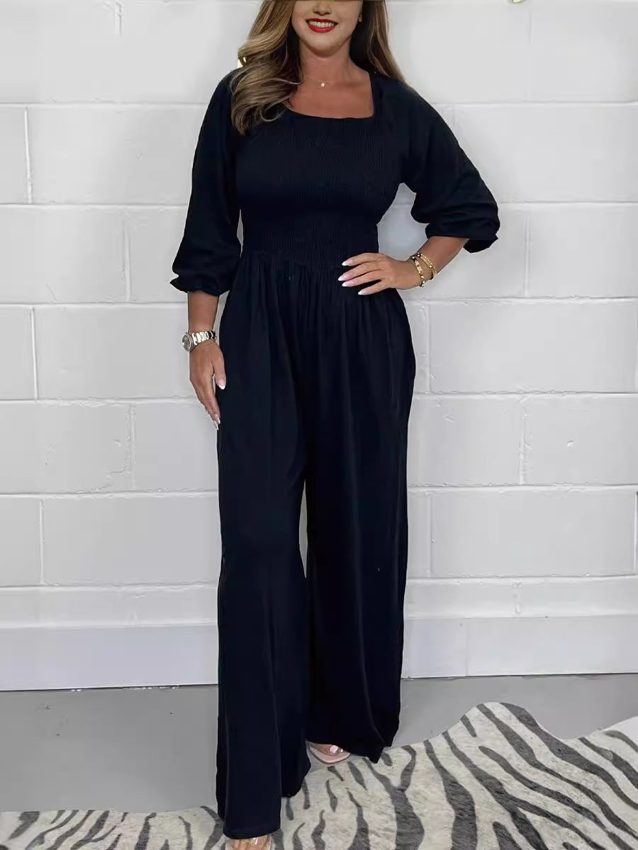 Zomerse Dames Smock Jumpsuit met Lange Mouwen en Wijde Pijpen