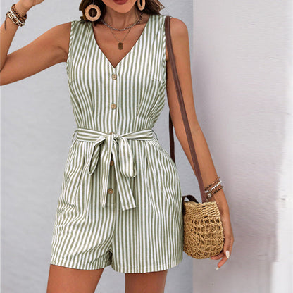 Striped Playsuit With V-Neck And Waist Belt