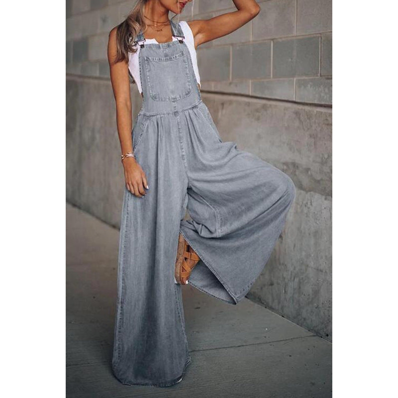 Trendy Dames Denim Jumpsuit Met Wijde Pijpen En Bretels