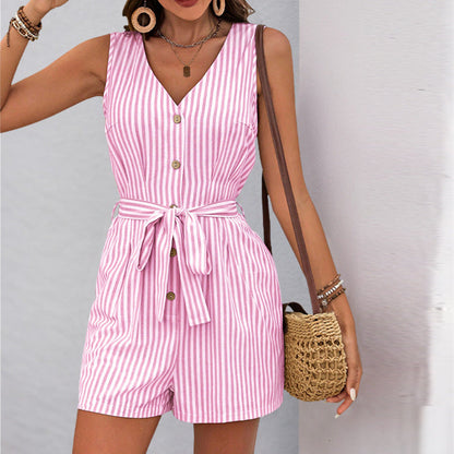 Striped Playsuit With V-Neck And Waist Belt