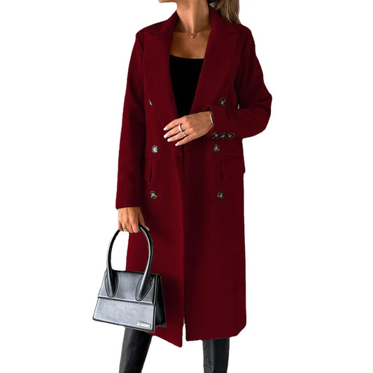 Elegante Getailleerde Lange Dames Jas met Double Breasted Knopen