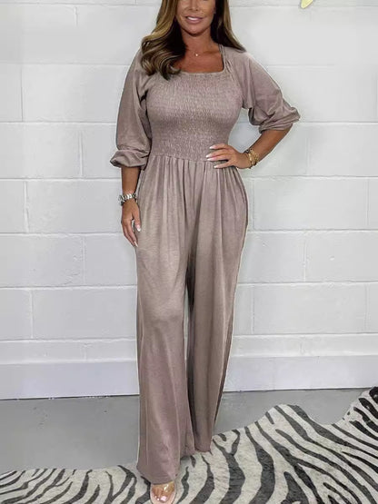 Summer Women's Smock Jumpsuit With Long Sleeves And Wide Legs