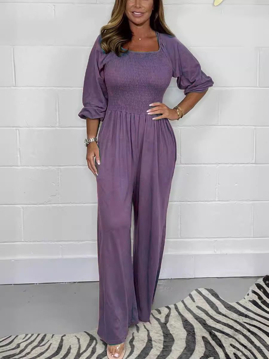 Zomerse Dames Smock Jumpsuit met Lange Mouwen en Wijde Pijpen