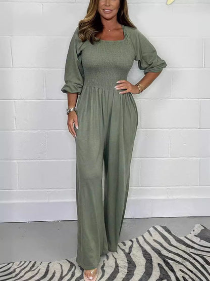 Summer Women's Smock Jumpsuit With Long Sleeves And Wide Legs