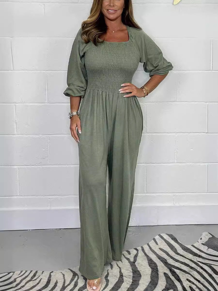 Zomerse Dames Smock Jumpsuit met Lange Mouwen en Wijde Pijpen