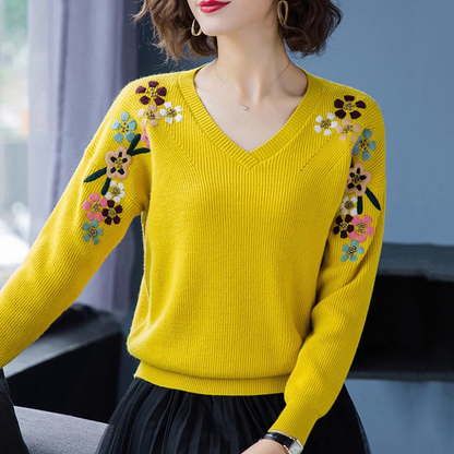 Elegante Zachte Dames Trui met Geborduurde Bloemen