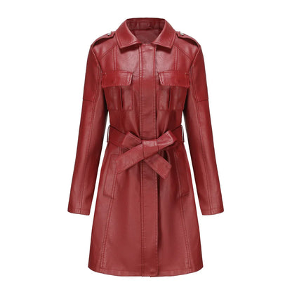 Trendy Chique Lange Dames PU Leer Jas met Zakken