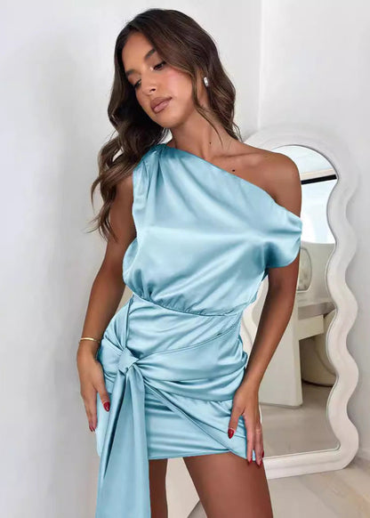 Destine | Elegante Blauw Satijnen Jurk