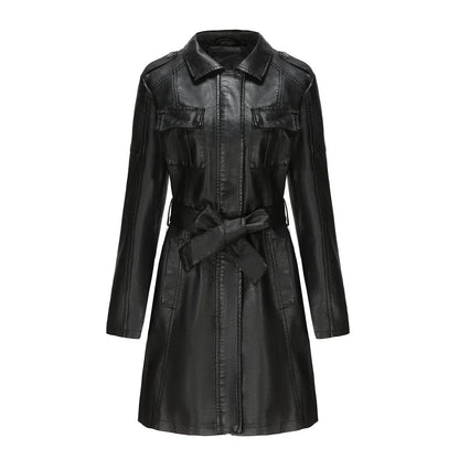 Trendy Chique Lange Dames PU Leer Jas met Zakken