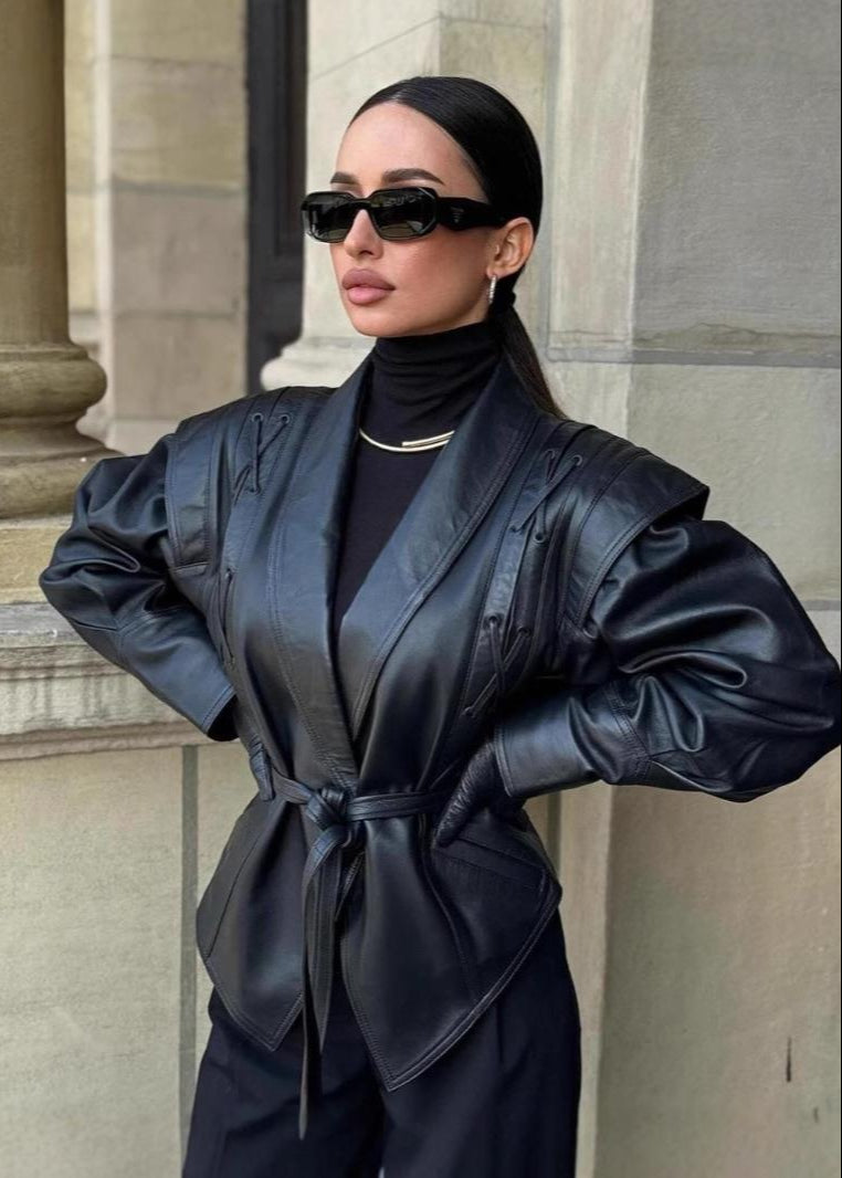 Trendy Black PU Leather Women's Blazer with Belt