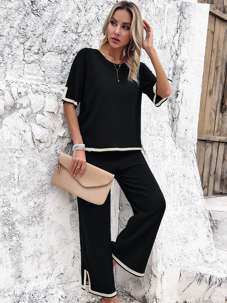 Stijlvolle Dames Loungewear Set met Wijde Broek en Split – Zwart