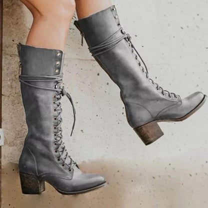 Vintage Kniehoge Veterlaarzen met Zijrits en Blokhak voor Dames