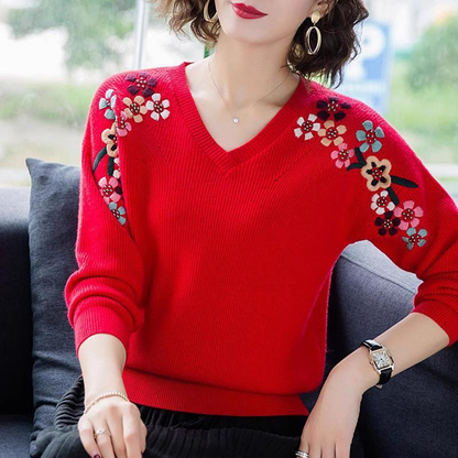 Elegante Zachte Dames Trui met Geborduurde Bloemen