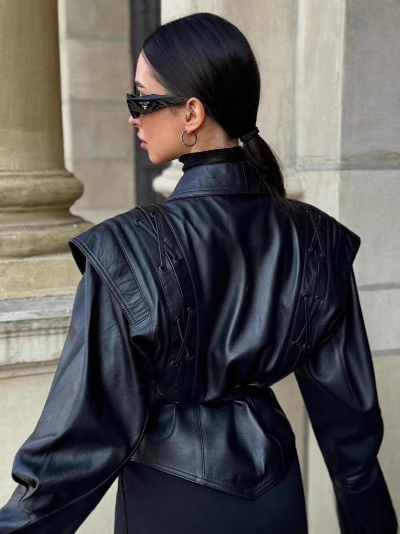 Trendy Black PU Leather Women's Blazer with Belt