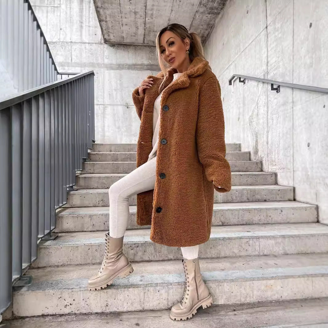 Luxe Oversized Dames Midi Teddy Jas met Knopen