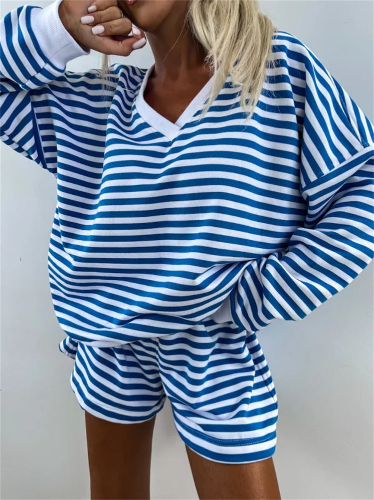 Oversized Dames Lounge Set Met Gestreepte Sweatshirt en Shorts