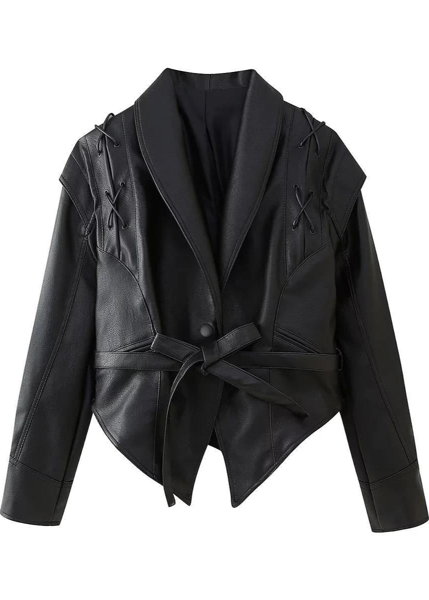 Trendy Black PU Leather Women's Blazer with Belt