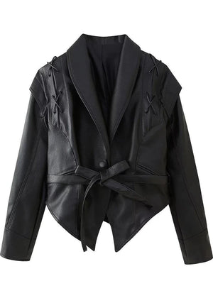 Trendy Zwarte PU Leer Dames Blazer met Ceintuur