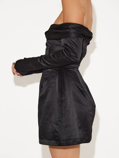 Black Cocktail Mini Dress for Women with Off Shoulder Neckline