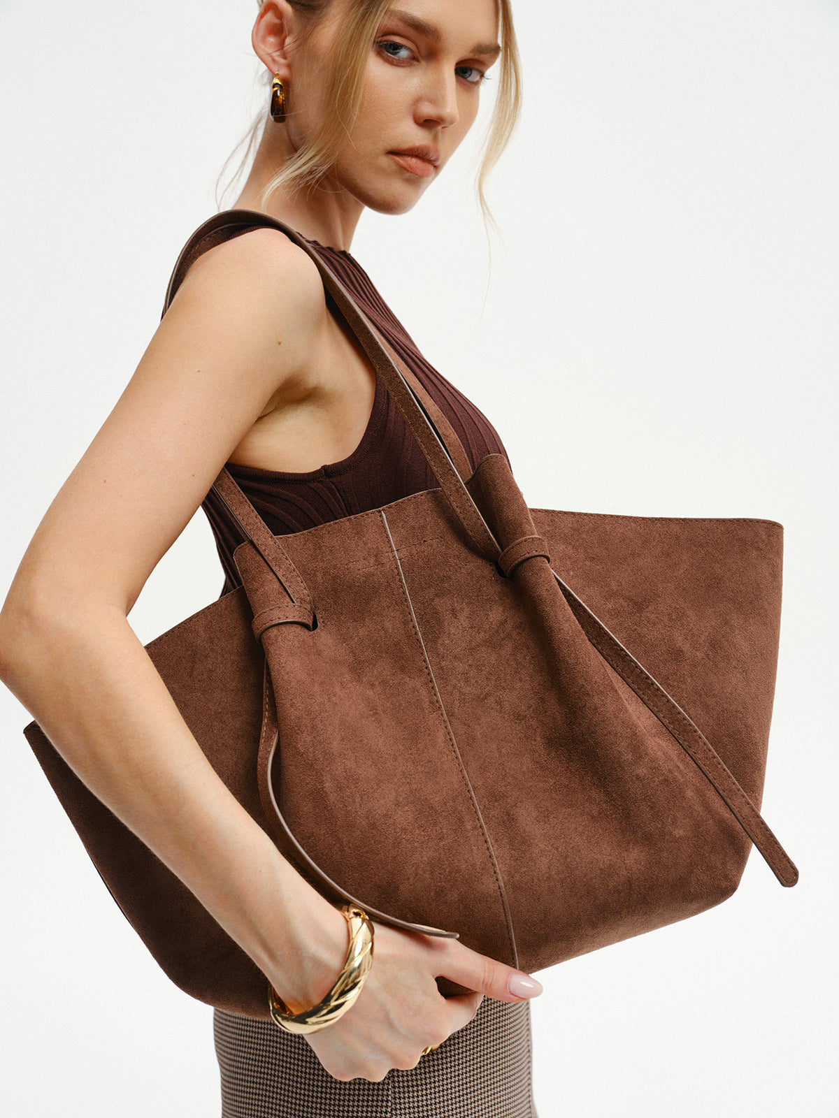 Chique Grote Bruine Dames Schoudertas van Suède