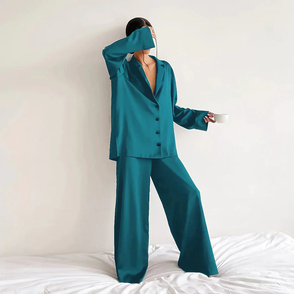 Ammie | Satijnen Pyjama Set met Wijdere Broek – Lichtgroen