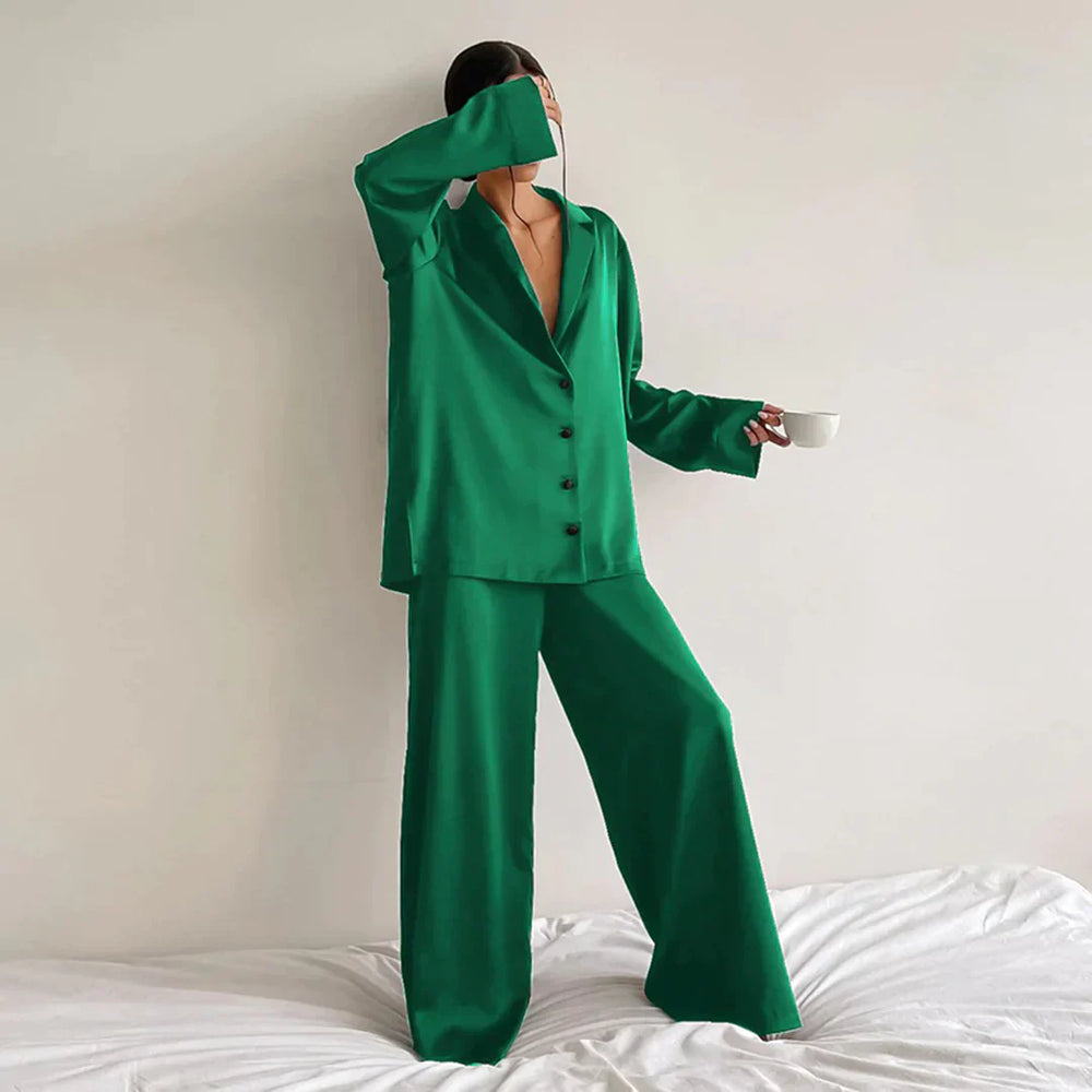 Ammie | Satijnen Pyjama Set met Wijdere Broek – Groen