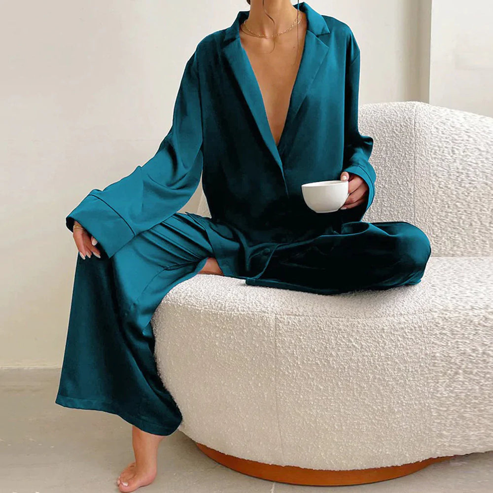 Ammie | Satijnen Pyjama Set met Wijdere Broek – Cyaan Blauw
