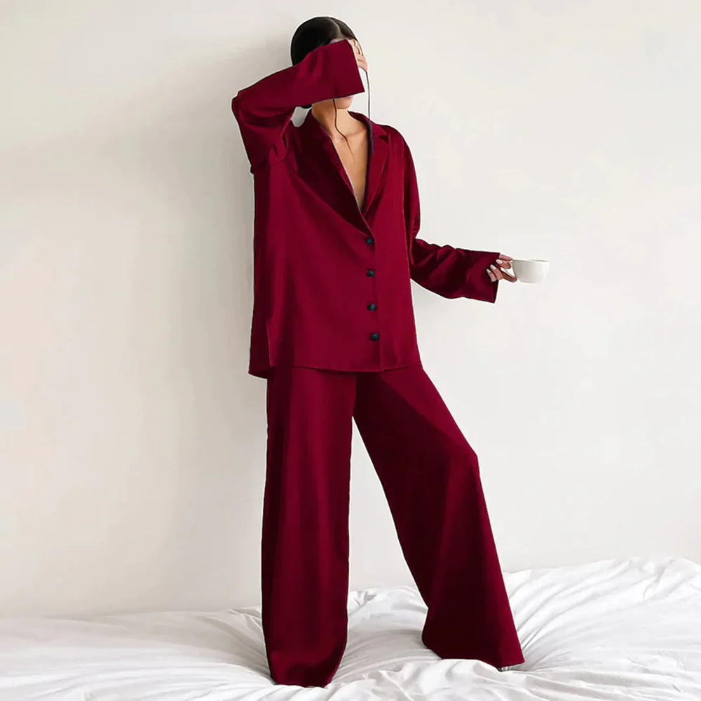 Ammie | Satijnen Pyjama Set met Wijdere Broek – Rood