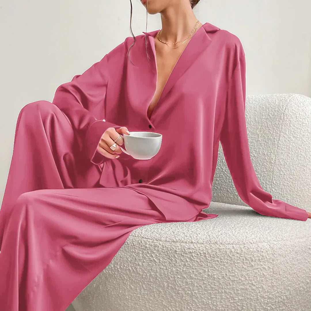 Ammie | Satijnen Pyjama Set met Wijdere Broek