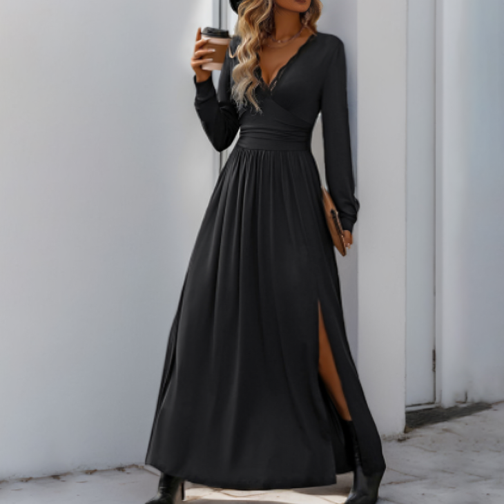 Elegante verfijnde dames maxi jurk met lange mouwen