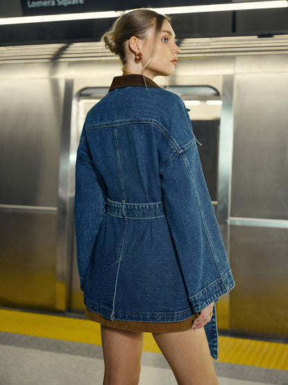 Lange Trendy Denim Jas Dames met Ceintuur en Zakken